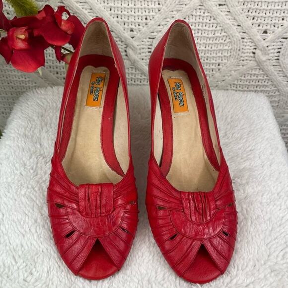 MIZ MOOZ BY GAZITH Red Leather Peep Toe Cork Wedges Sandals Sz 6 Retro - Picture 4 of 10